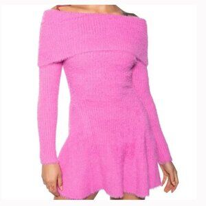 Callie Pretty in Pink: Fuzzy Furry Off The Shoulder Knit Mini Skater Dress Small
